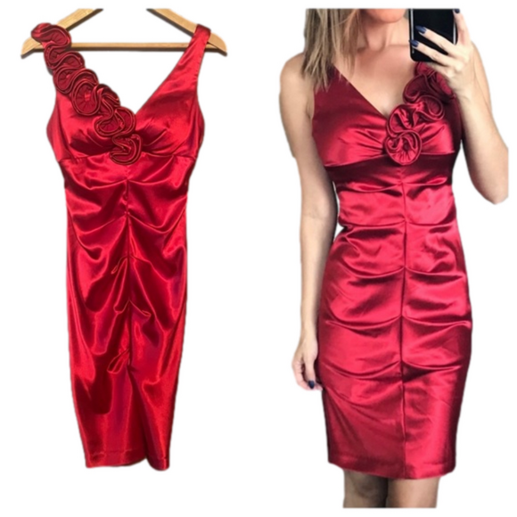 Xscape Dresses & Skirts - Xscape Red Satin Ruched Rosette Shoulder Midi Dress Size Small/4
